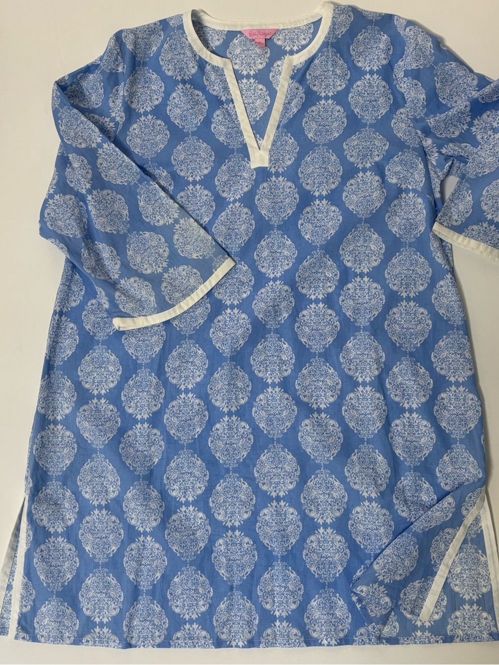 Lilly Pulitzer XL Blue White Cotton Tunic Beach Cover Up Resort Top